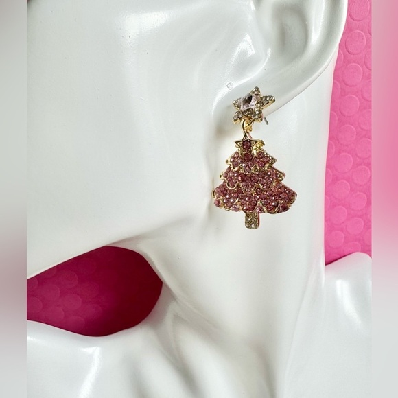 New Pink & Clear Gold Tone Christmas Tree Rhinestone Crystal Earrings - 1.50” - Picture 3 of 5